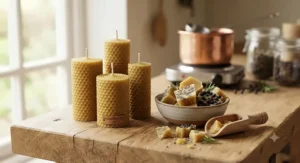 Close-up of artisan hand-poured beeswax pillar candles displayed alongside artisanal wax melt chunks