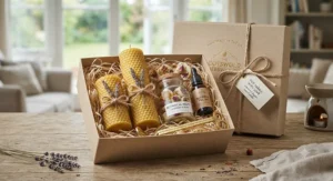 A luxury UK gift set featuring natural beeswax pillar candles and botanical wax melts tied with jute twine.