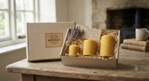 Beautifully packaged sustainable British beeswax pillar candle gift set, perfect for eco-conscious presents.
