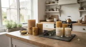 Handcrafted rapeseed wax pillars and pure beeswax pillar candles displayed in a bright kitchen.