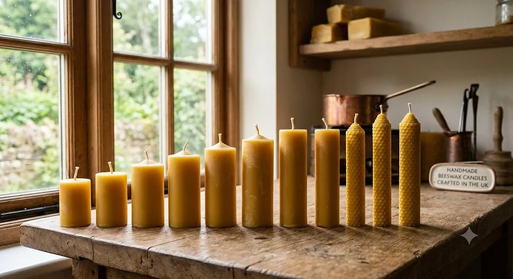 A row of handmade 100% pure beeswax candles crafted in the UK, showing their natural golden yellow colour.