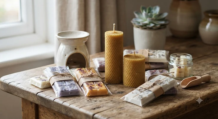 Handmade wax melt snap bars and natural beeswax pillar candles arranged on a wooden surface