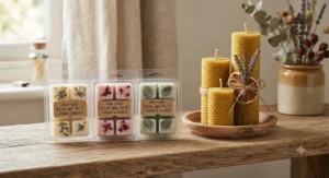 Hand-poured vegan wax melt clamshells paired with golden beeswax pillar candles for sustainable home fragrance.