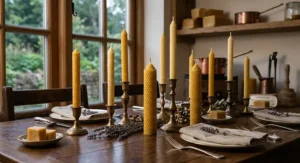 Elegant rolled taper candles made from 100% pure beeswax with a distinct honeycomb texture, arranged for a dinner party.