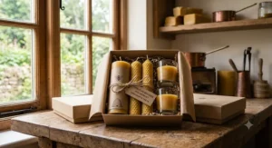 A luxury gift box containing an assortment of 100% pure beeswax candles wrapped sustainably with twine and a brown paper label.