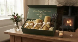 Elegantly packaged luxury beeswax pillar candles ideal for gifting during British winter holidays