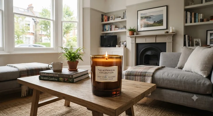 A premium luxury coconut wax candle styled on a coffee table in a modern British home interior.