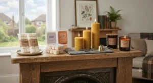 An assortment of luxury home fragrance products including wax melt snap bars, clamshells, and beeswax pillars on a mantelpiece.