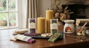 Luxury display featuring wax melt snap bars and matching pillar candles