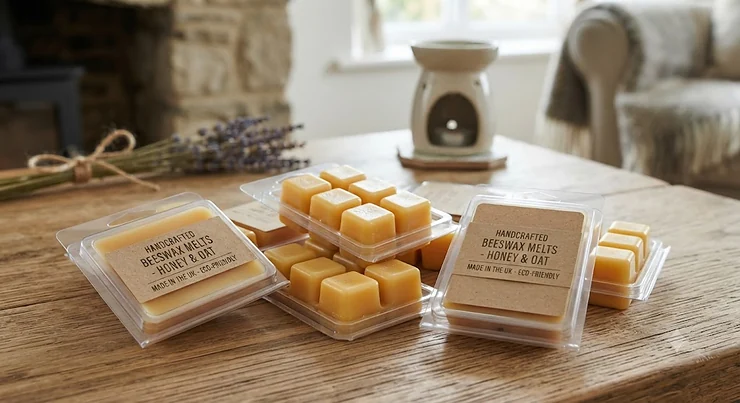 Natural beeswax melt clamshells handcrafted for a clean and eco-friendly home fragrance experience.