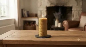 A glowing natural beeswax pillar candle sitting on a rustic wooden table in a British living room