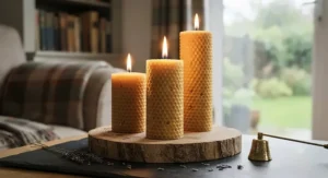 Natural golden beeswax pillar candles showcasing their traditional honeycomb texture and clean flame.