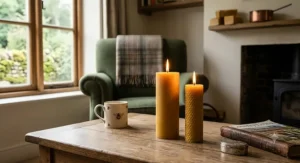 Two large 100% pure beeswax pillar candles burning brightly on a rustic wooden coffee table in a cosy British living room.
