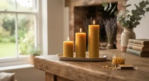 Eco-friendly natural beeswax pillar candles glowing softly for home fragrance