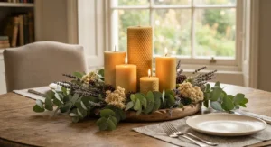 Traditional yellow beeswax pillar candles arranged as a decorative centrepiece on a dining table.