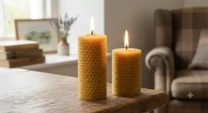 Close-up of natural golden beeswax pillar candles burning with a warm, clean flame in a British home.