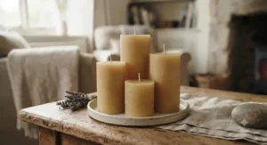 A set of natural British rapeseed and beeswax pillar candles in neutral home decor tones.
