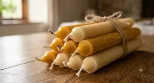Close-up of cream and golden-coloured pure beeswax taper candles showing their natural texture and cotton wicks.