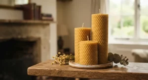 Natural scented beeswax pillar candles with a subtle honey aroma, suitable for sensitive homes.