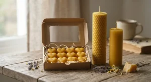 Pure yellow heart shaped wax melts and classic beeswax pillar candles crafted from 100 percent natural wax