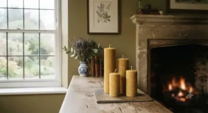 Organic beeswax pillar candles placed on a mantelpiece, creating a relaxing atmosphere in a classic British interior.