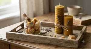 Organic heart shaped wax melts placed beside artisan beeswax pillar candles on a rustic wooden tray
