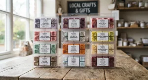 Clear plastic clamshell packaging filled with scented soy wax melts ready for UK retail display.