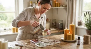 A British candle maker pouring plant wax into eco clamshells alongside warm burning beeswax pillar candles.