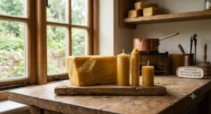 A raw block of filtered yellow wax next to finished 100% pure beeswax candles, highlighting the natural ingredients.