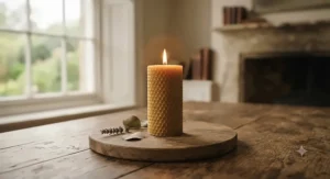 A single pure beeswax pillar candle glowing warmly on a rustic wooden table in a British country home.
