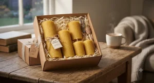 Pure beeswax pillar candles presented as a thoughtful gift set for cosy evenings
