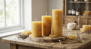 Detailed view of artisanal pure beeswax pillar candles showcasing their natural texture and honey-scented wax.