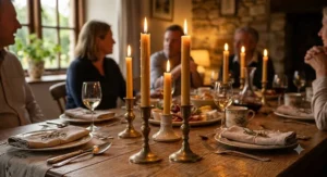 A cosy British dining table setting featuring lit pure beeswax taper candles creating a warm glow for a dinner party.