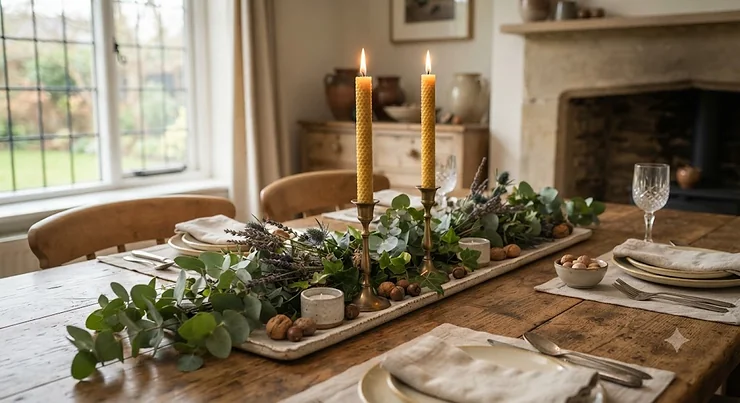 Elegant pure beeswax taper candles arranged as a centrepiece on a wooden dining table