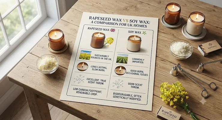 Comparison chart showing the differences between rapeseed wax and soy wax candles for UK homes. rapeseed candle vs soy candle