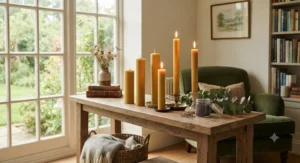 Tall beeswax pillar candles adding a warm glow to a home interior setting
