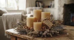 Beautifully crafted British rapeseed and beeswax pillar candles arranged for an eco-friendly gift.