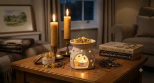Glow from burning beeswax pillar candles illuminating scented heart shaped wax melts in a British home