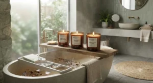Relaxing atmosphere created by scented luxury coconut wax candles placed in a contemporary bathroom.