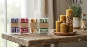 Aesthetic display of scented vegan wax melt clamshells and textured decorative beeswax pillar candles.