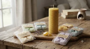 Assorted scented wax melt clamshells alongside a tall, honey-scented beeswax pillar candle.