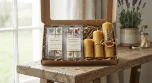 An artisan gift set featuring plant-based vegan wax melt clamshells and natural British beeswax pillar candles.