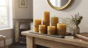 Stylised natural beeswax pillar candles displayed on a British fireplace mantelpiece