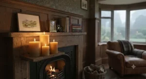 Set of sustainable beeswax pillar candles providing a warm glow in a British living room setting.