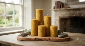 A set of sustainable beeswax pillar candles of varying heights, perfect for eco-friendly home decor.