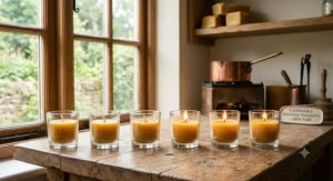 Eco friendly 100% pure beeswax tealights in clear glass holders, emitting a warm and clean honey scented glow.