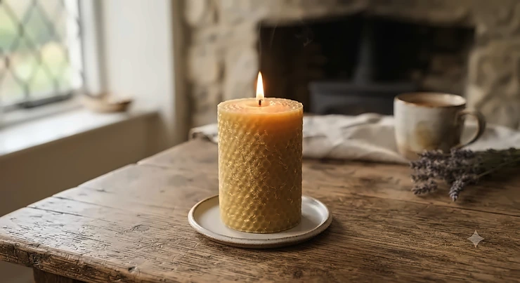 A hand-poured sustainable British beeswax pillar candle with a natural golden glow on a rustic table.