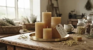Sustainable British rapeseed and beeswax pillar candles crafted from local farm ingredients.