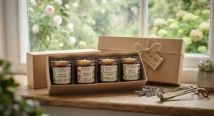 A sustainable gift set featuring coconut wax candles with a gentle, natural scent.