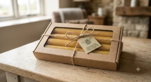 A gift set of four eco-friendly pure beeswax taper candles packaged neatly in a sustainable cardboard box with twine.